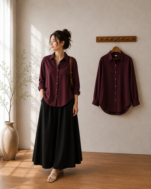 DUO SET (MAROON BUTTON DOWN SHIRT WITH BLACK FLOWY MAXI SKIRT)
