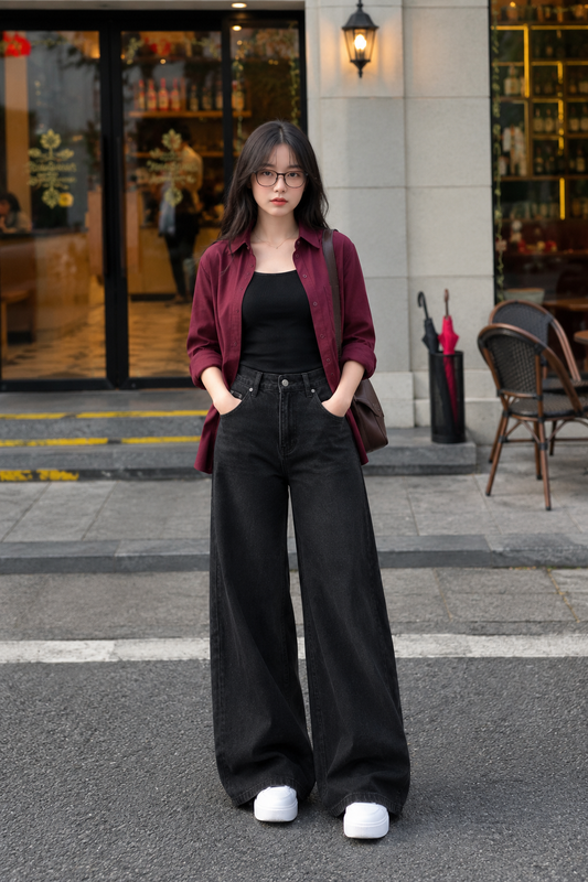 TRIO SET (MAROON BUTTON DOWN SHIRT WITH BLACK INNER AND JET BLACK WIDE LEG JEANS)