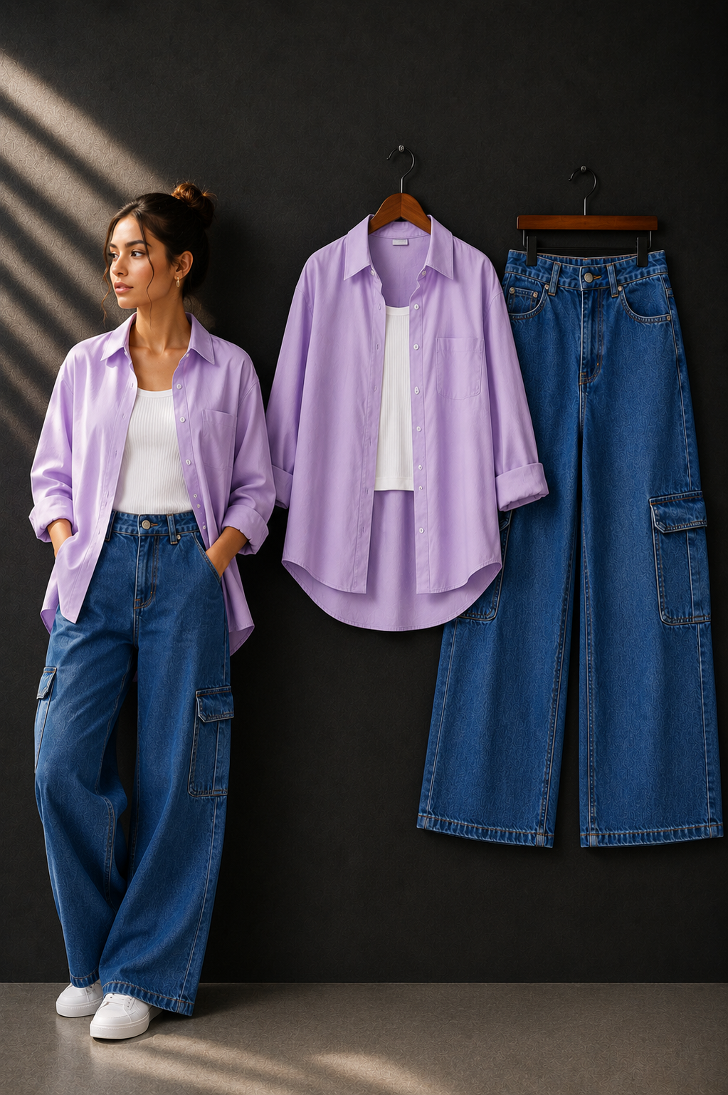 TRIO SET (LILAC BUTTON DOWN SHIRT WITH WHITE INNER AND DARK BLUE CARGO DENIM)