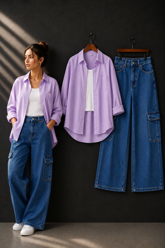 TRIO SET (LILAC BUTTON DOWN SHIRT WITH WHITE INNER AND DARK BLUE CARGO DENIM)