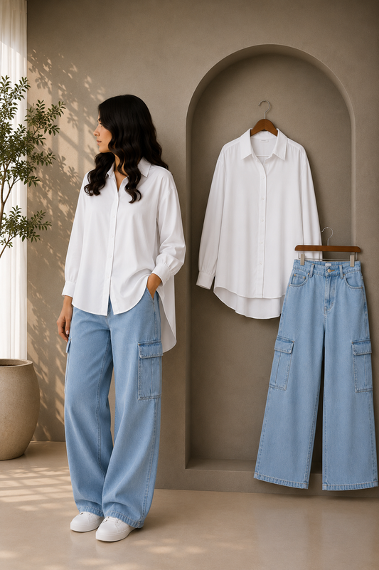 DUO SET (WHITE BUTTON DOWN SHIRT WITH ICE BLUE HIGH WAISTED CARGO DENIM JEANS)