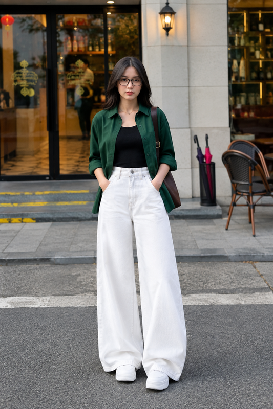 TRIO SET (OLIVE GREEN BUTTON DOWN SHIRT WITH BLACK INNER AND WHITE WIDE LEG JEANS)
