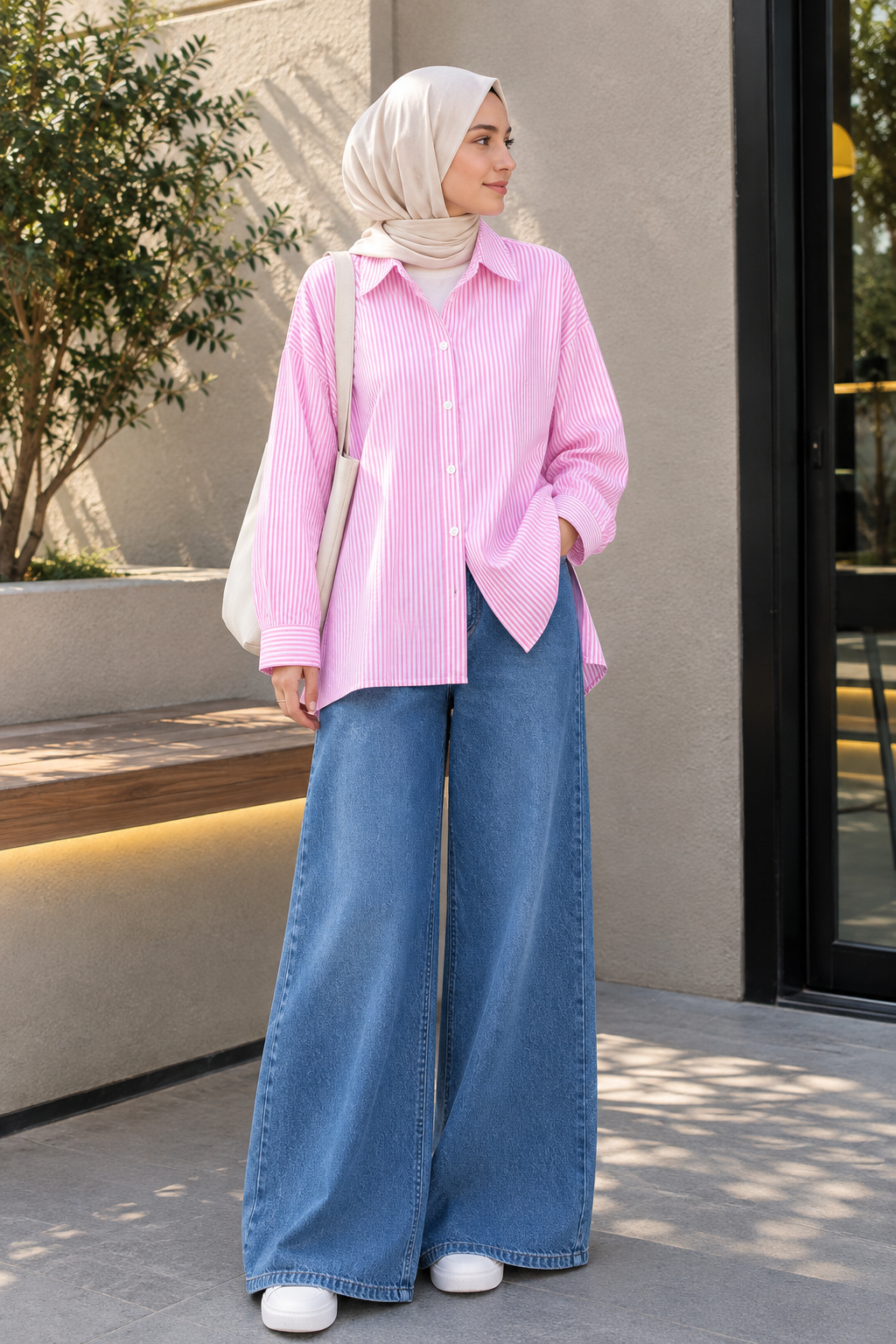DUO SET (WHITE AND PINK STRIPES BUTTON DOWN SHIRT WITH MID BLUE WIDE LEG JEANS)