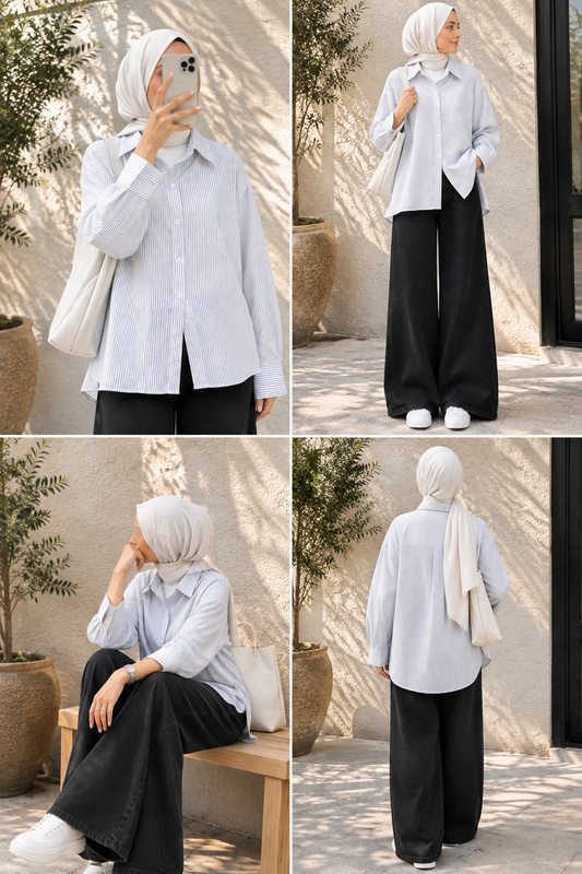 DUO SET (WHITE AND BLACK STRIPES BUTTON DOWN SHIRT WITH JET BLACK WIDE LEG JEANS)