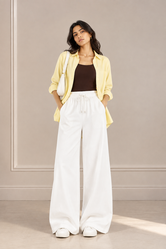TRIO SET (BUTTER YELLOW BUTTON DOWN SHIRT WITH BROWN INNER AND WHITE FLAPPER TROUSER)