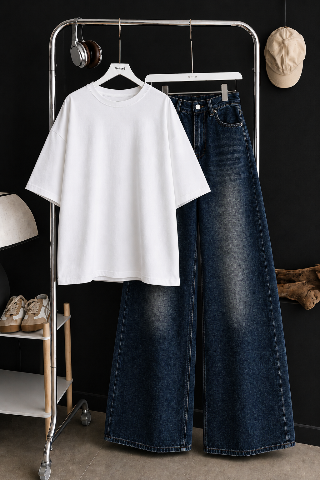 DUO SET (WHITE BAGGY TEE WITH DARK BLUE FADED WIDE LEG JEANS)