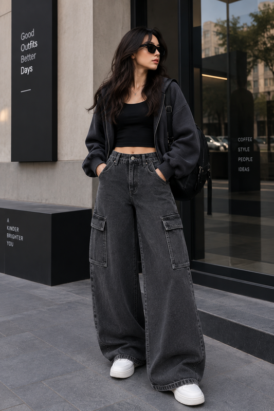 CHARCOAL GREY WIDE LEG CARGO JEANS