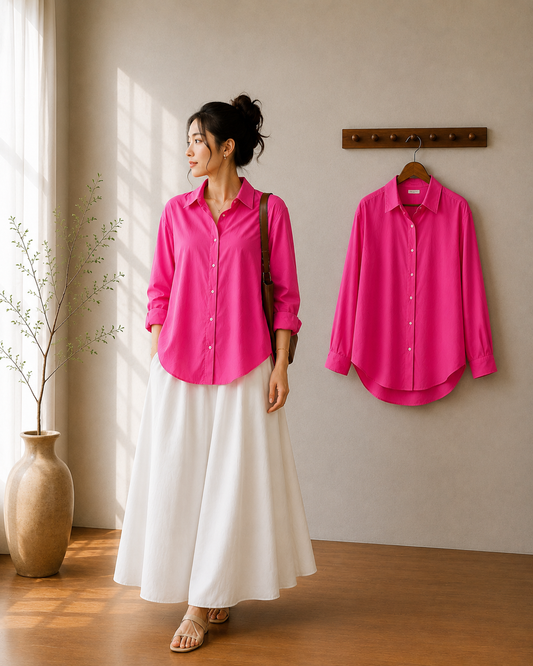 DUO SET (SHOCKING PINK BUTTON DOWN SHIRT WITH WHITE FLOWY MAXI SKIRT)
