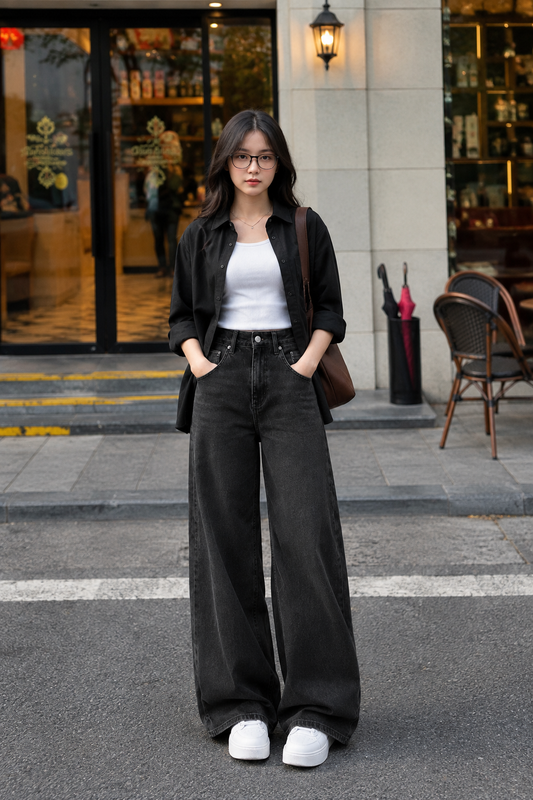TRIO SET (BLACK BUTTON DOWN SHIRT WITH WHITE INNER AND MALAYSIAN BLACK WIDE LEG JEANS)