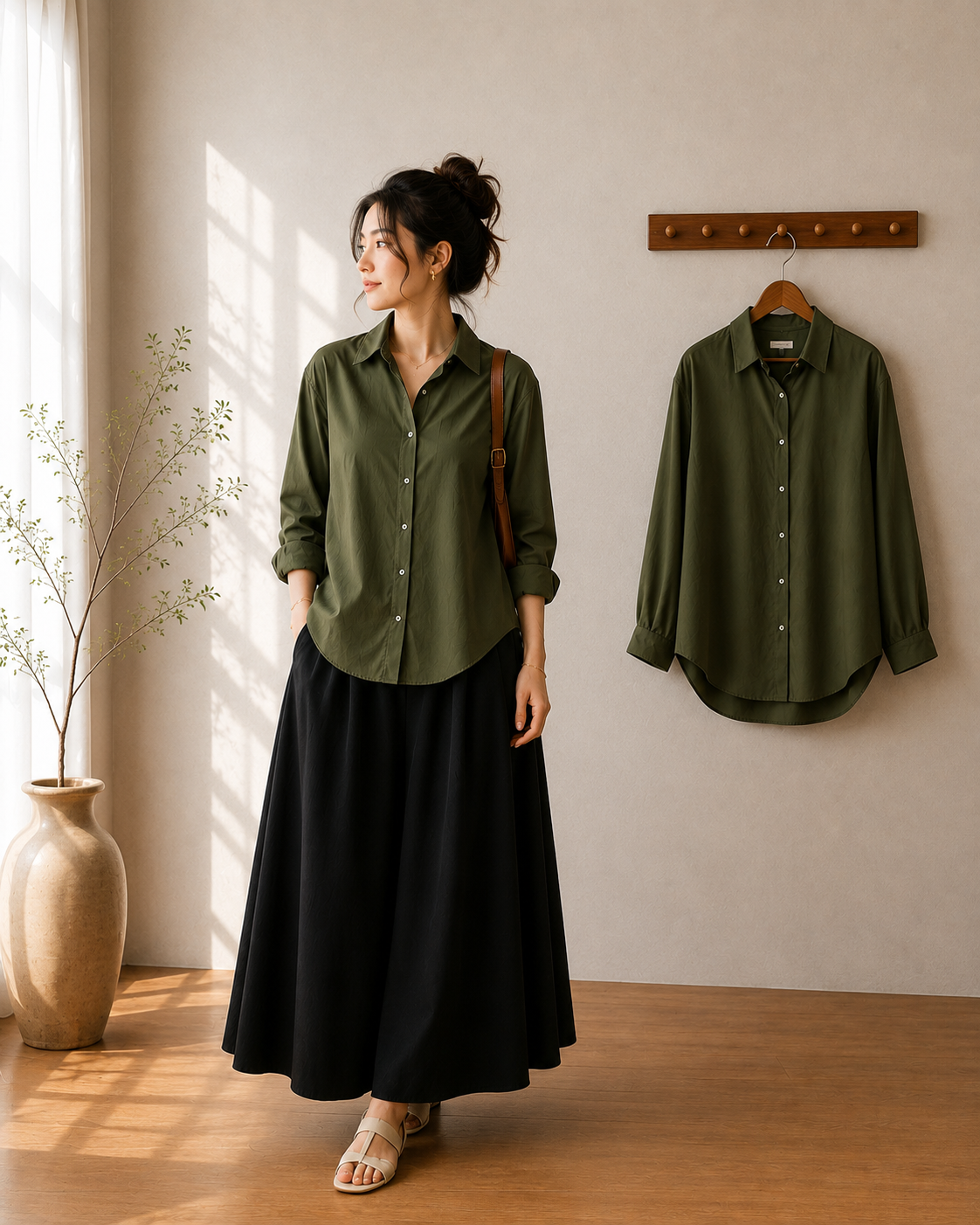 DUO SET (OLIVE GREEN BUTTON DOWN SHIRT WITH BLACK FLOWY MAXI SKIRT)