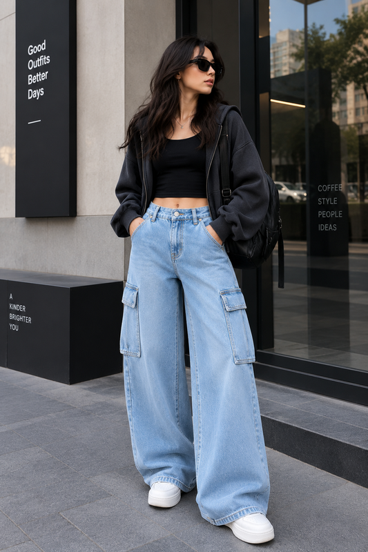 ICE BLUE WIDE LEG CARGO JEANS