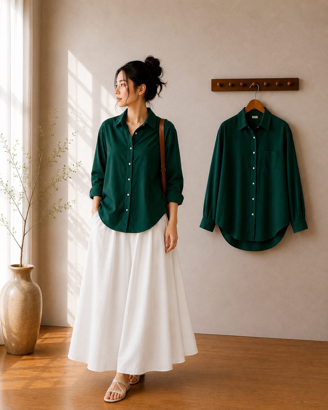 DUO SET (BOTTLE GREEN BUTTON DOWN SHIRT WITH DARK BROWN FLOWY MAXI SKIRT)