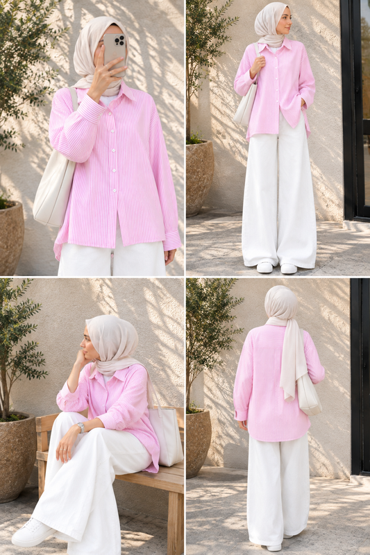 DUO SET (WHITE AND PINK STRIPES BUTTON DOWN SHIRT WITH WHITE WIDE LEG JEANS)
