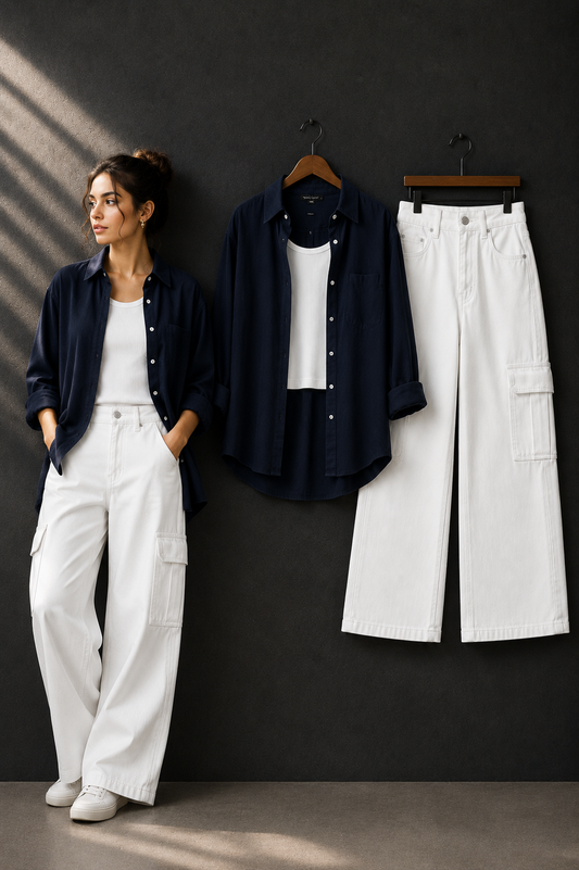 TRIO SET (BLACK BUTTON DOWN SHIRT WITH WHITE INNER AND WHITE WIDE LEG CARGO DENIM)