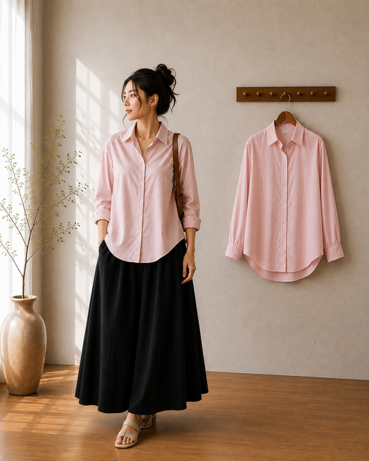 DUO SET (BABY PINK BUTTON DOWN SHIRT WITH BLACK FLOWY MAXI SKIRT)