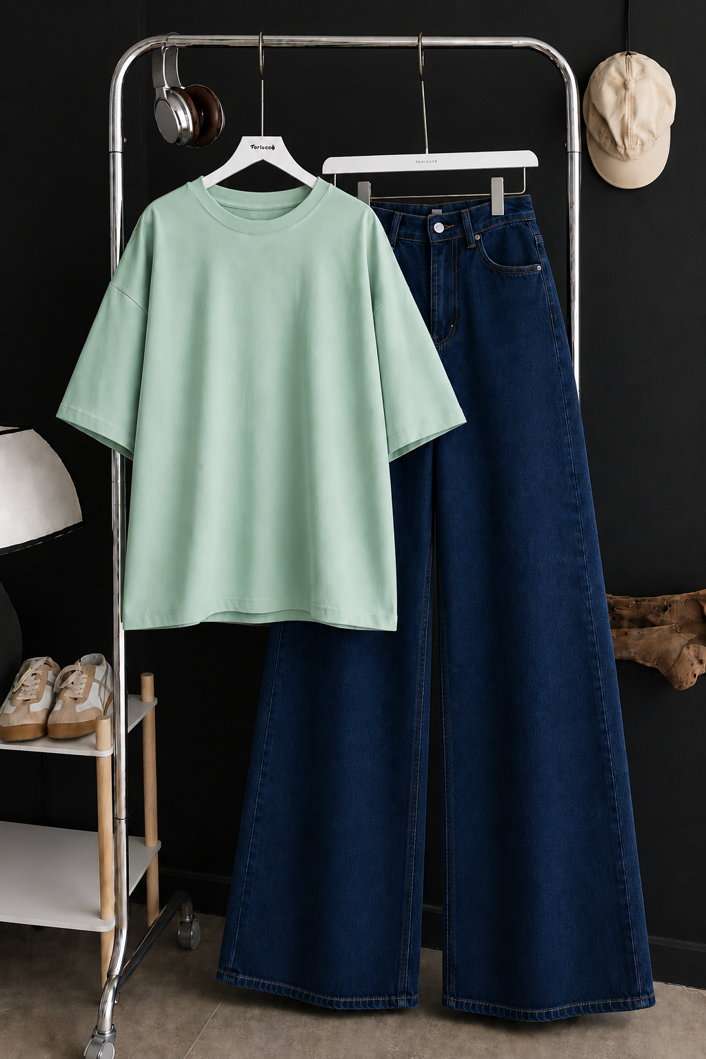 DUO SET (MINT GREEN BAGGY TEE WITH DARK BLUE WIDE LEG JEANS)