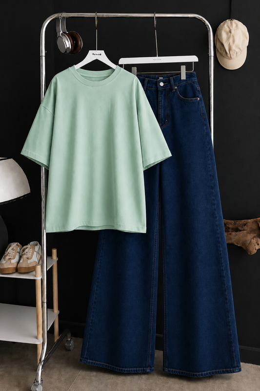 DUO SET (MINT GREEN BAGGY TEE WITH DARK BLUE WIDE LEG JEANS)
