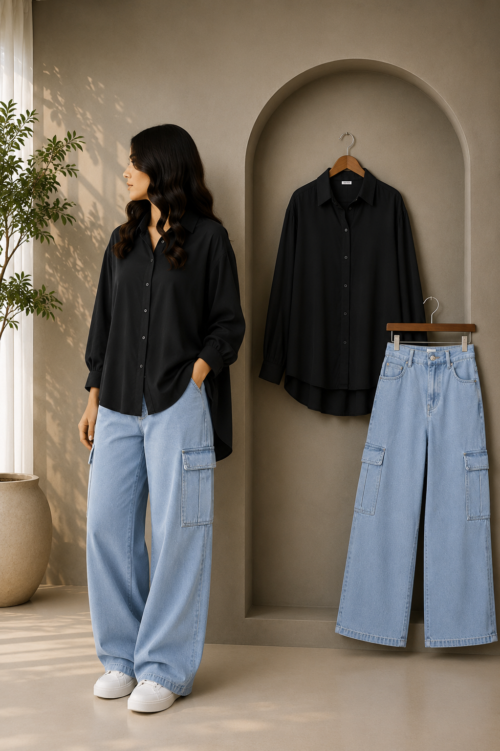DUO SET (BLACK BUTTON DOWN SHIRT WITH ICE BLUE HIGH WAISTED CARGO DENIM JEANS)