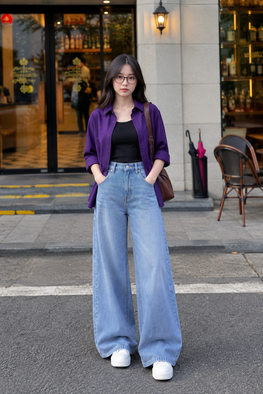 TRIO SET (DARK PURPLE BUTTON DOWN SHIRT WITH BLACK INNER AND ICE BLUE FADED WIDE LEG JEANS)