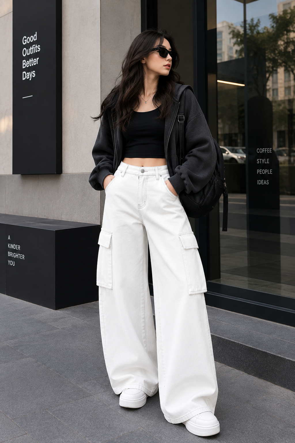 WHITE WIDE LEG CARGO JEANS