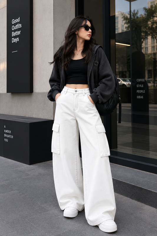WHITE WIDE LEG CARGO JEANS