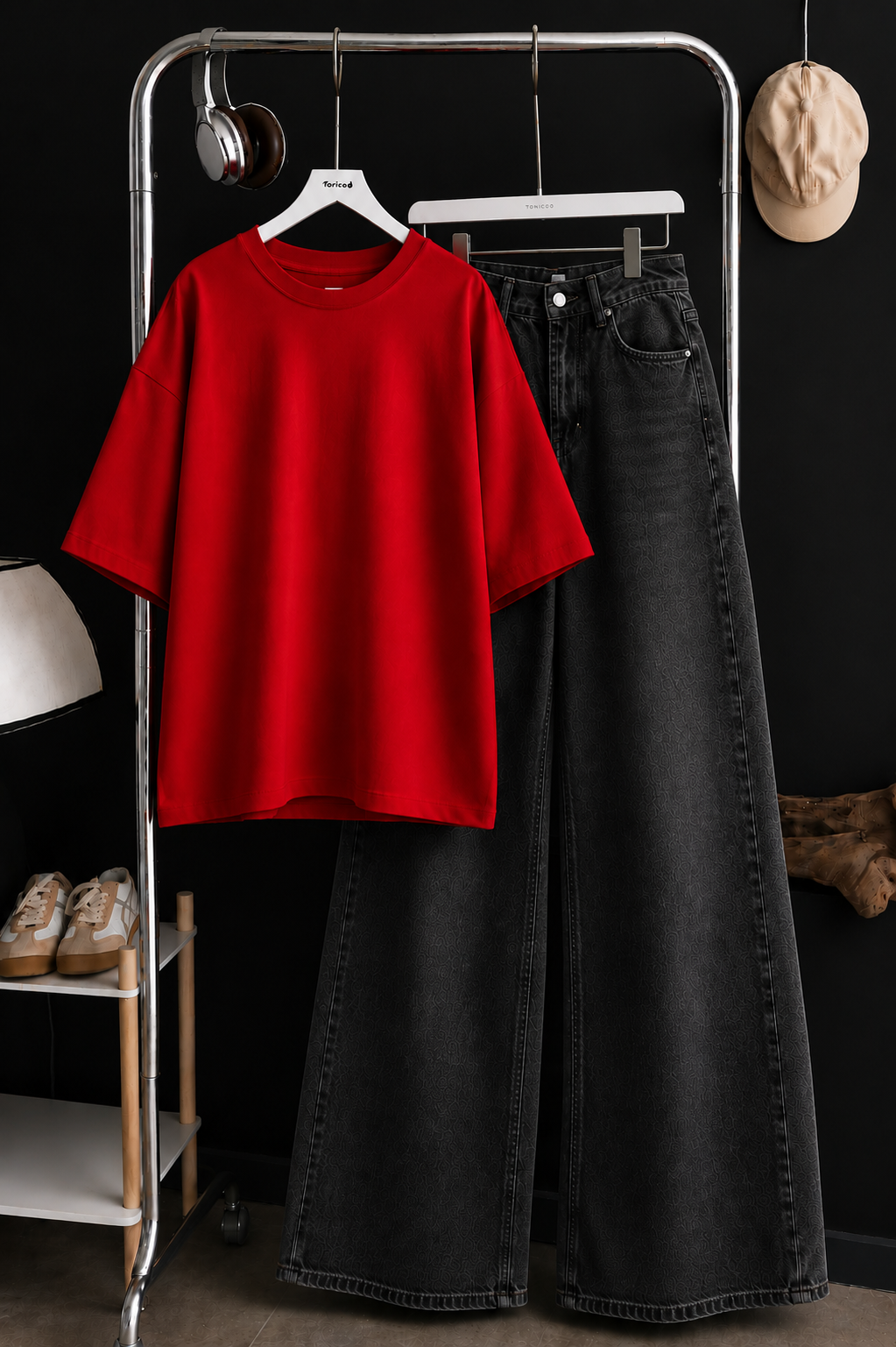 DUO SET (RED BAGGY TEE WITH CHARCOAL GREY WIDE LEG JEANS)