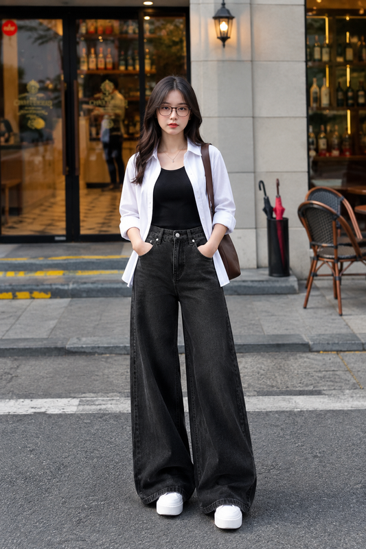 TRIO SET (WHITE BUTTON DOWN SHIRT WITH BLACK INNER AND MALAYSIAN BLACK WIDE LEG JEANS)