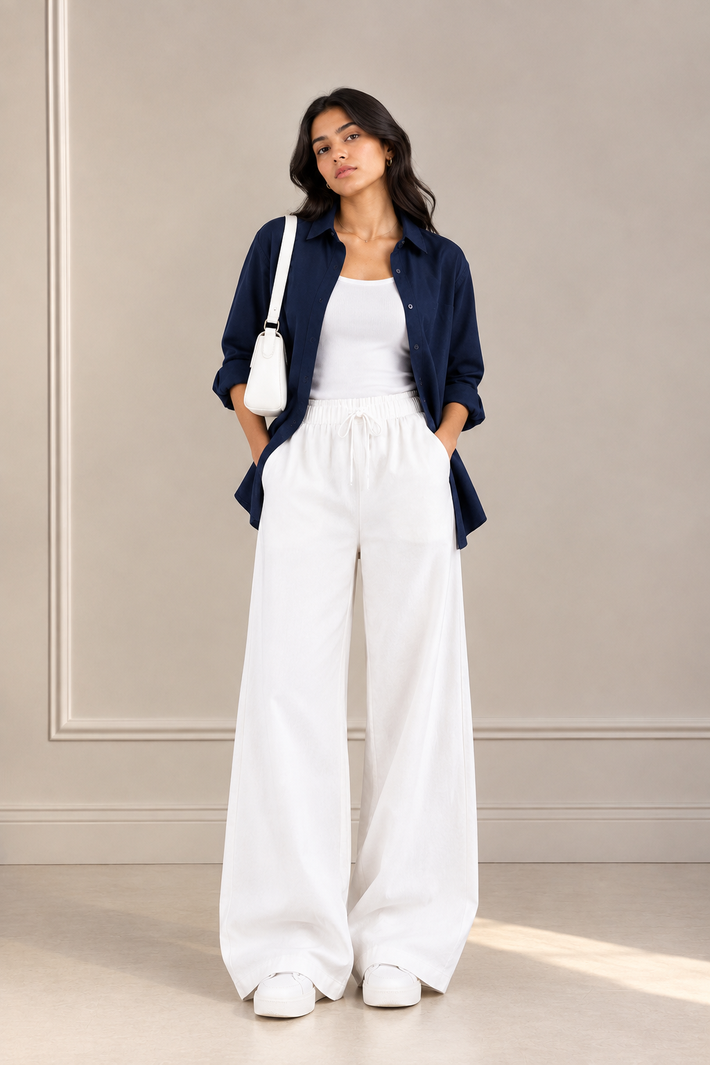 TRIO SET (NAVY BLUE BUTTON DOWN SHIRT WITH WHITE INNER AND WHITE FLAPPER TROUSER)