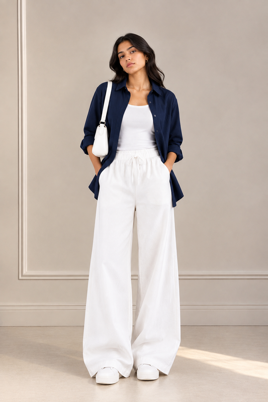 TRIO SET (NAVY BLUE BUTTON DOWN SHIRT WITH WHITE INNER AND WHITE FLAPPER TROUSER)