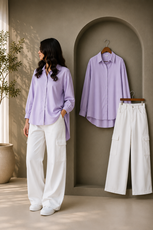 DUO SET (LILAC BUTTON DOWN SHIRT WITH WHITE HIGH WAISTED CARGO DENIM JEANS)