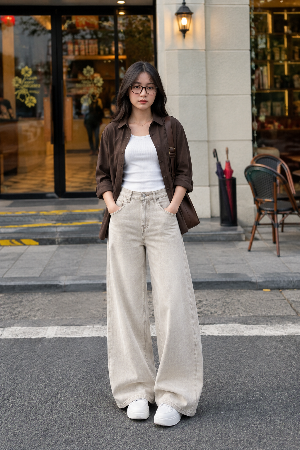 TRIO SET (DARK BROWN BUTTON DOWN SHIRT WITH WHITE INNER AND BEIGE WIDE LEG JEANS)