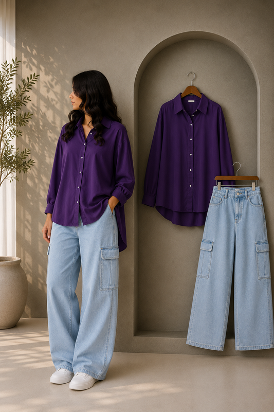 DUO SET (DARK PURPLE BUTTON DOWN SHIRT WITH ICE BLUE HIGH WAISTED CARGO DENIM JEANS)