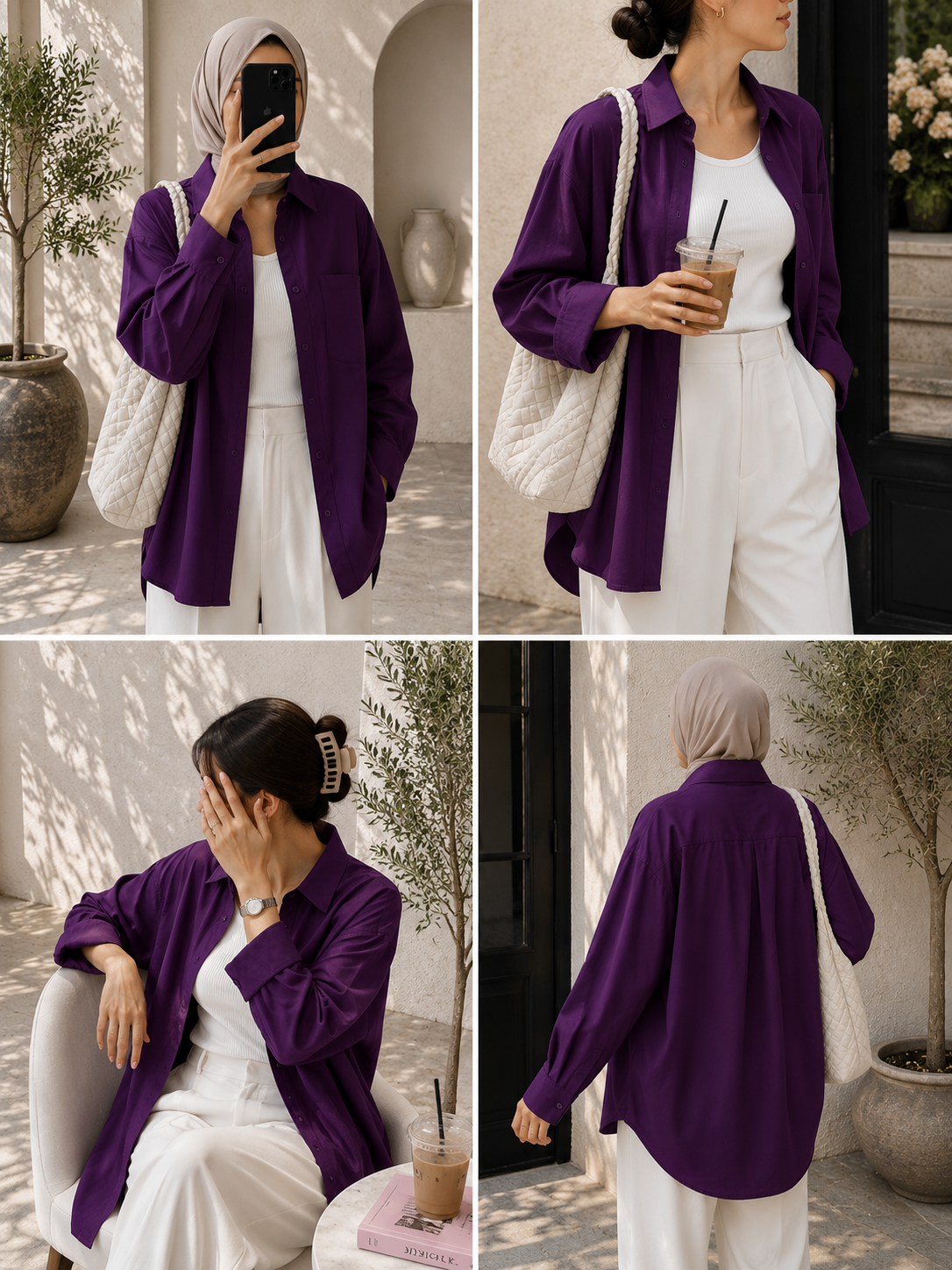 TRIO SET (PURPLE BUTTON DOWN SHIRT WITH WHITE INNER AND WHITE FORMAL COTTON PANT)