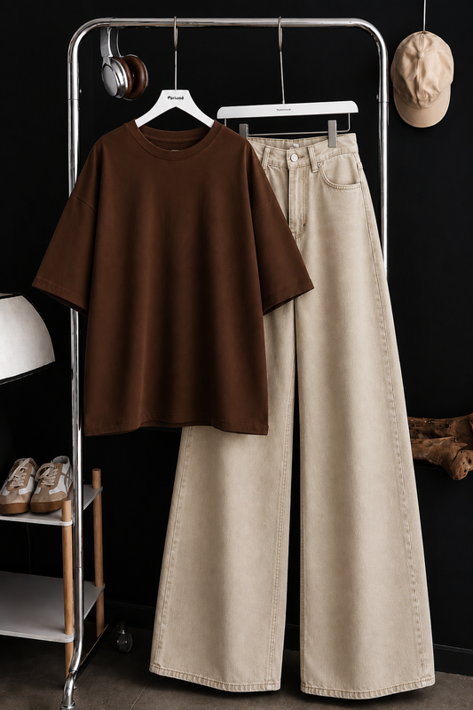 DUO SET (DARK BROWN BAGGY TEE WITH BEIGE WIDE LEG JEANS)