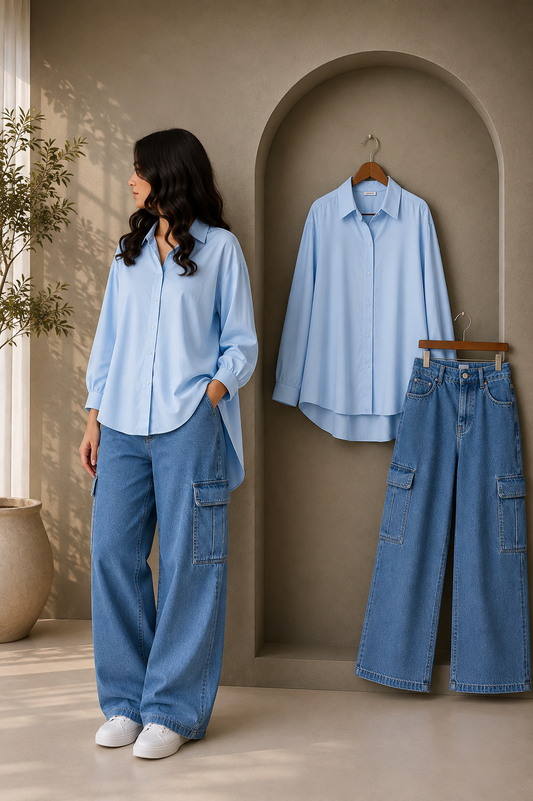 DUO SET (SKY BLUE BUTTON DOWN SHIRT WITH MID BLUE HIGH WAISTED CARGO DENIM JEANS)