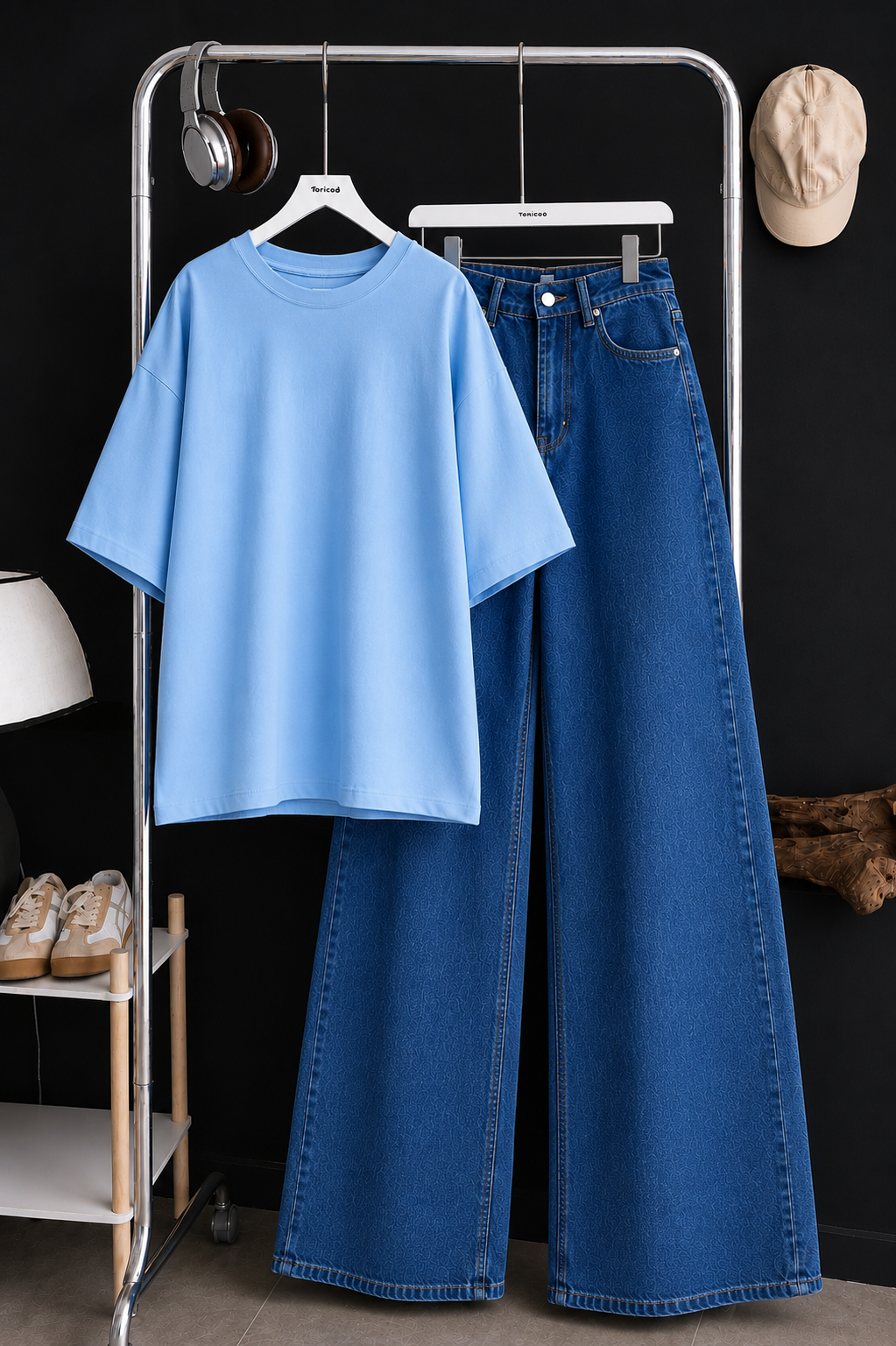 DUO SET (BABY BLUE BAGGY TEE WITH MID BLUE WIDE LEG JEANS)