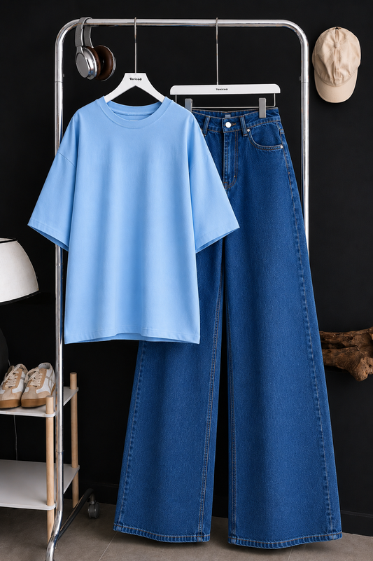DUO SET (BABY BLUE BAGGY TEE WITH MID BLUE WIDE LEG JEANS)