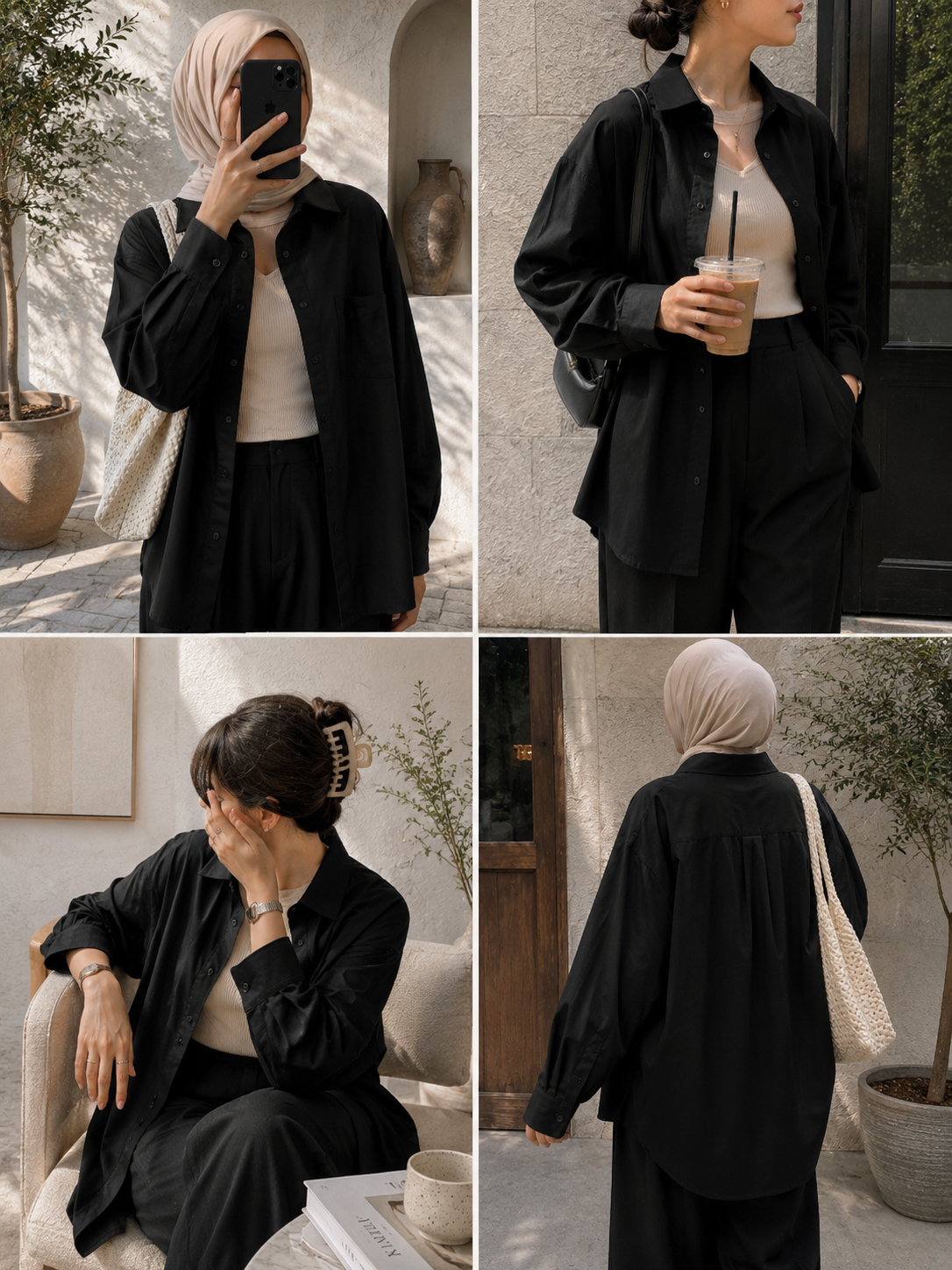TRIO SET (BLACK BUTTON DOWN SHIRT WITH BEIGE INNER AND BLACK FORMAL COTTON PANT)
