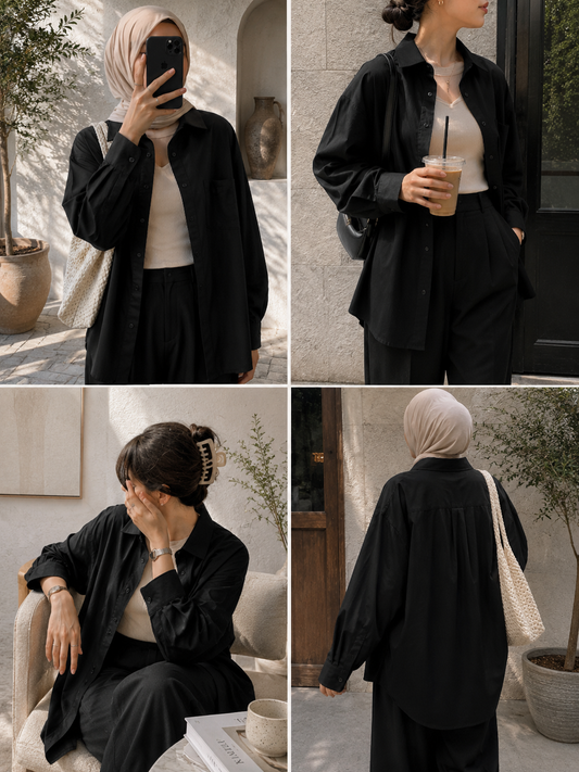 TRIO SET (BLACK BUTTON DOWN SHIRT WITH BEIGE INNER AND BLACK FORMAL COTTON PANT)