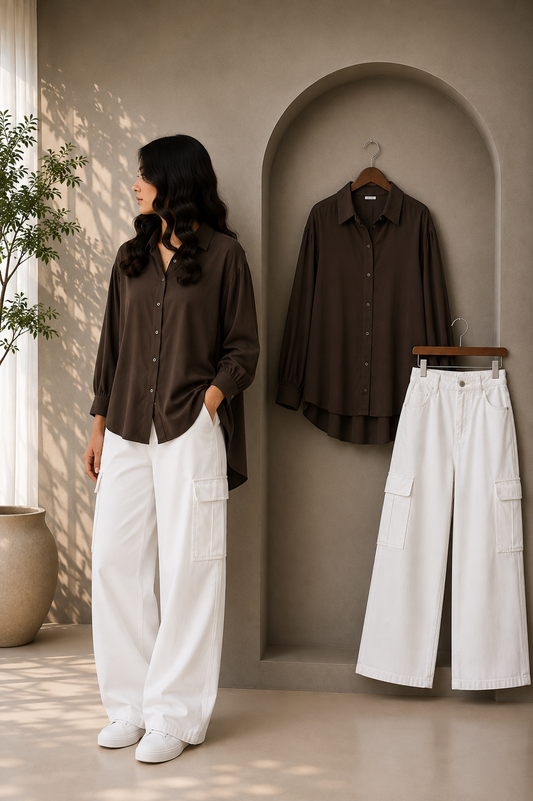 DUO SET (DARK BROWN BUTTON DOWN SHIRT WITH WHITE HIGH WAISTED CARGO DENIM JEANS)