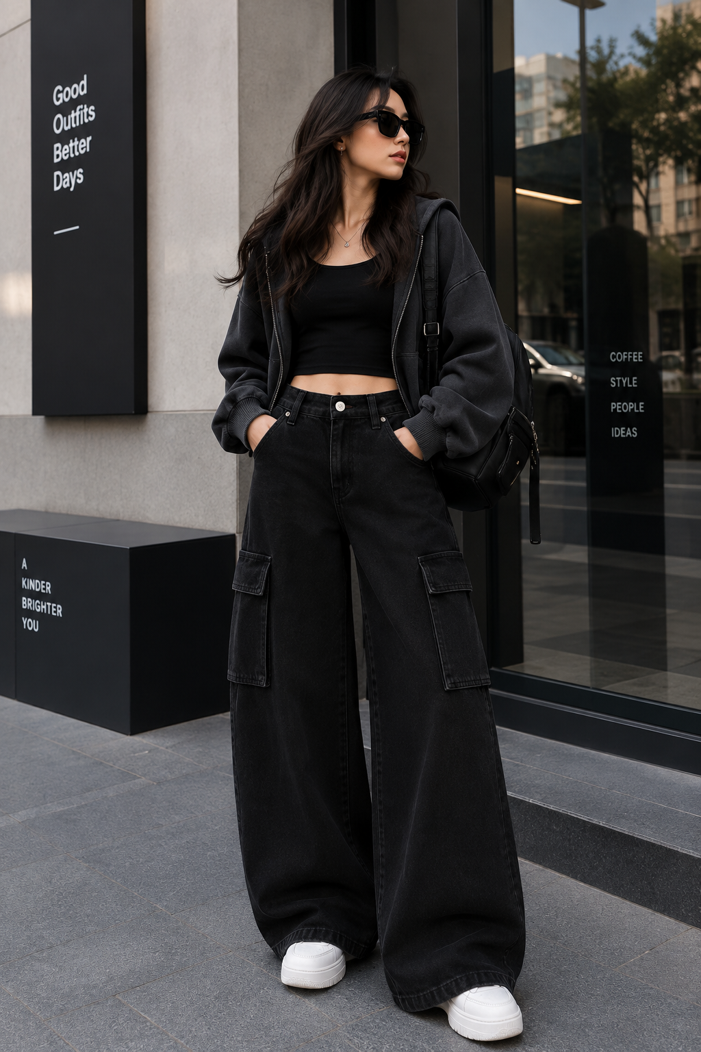 BLACK WIDE LEG CARGO JEANS