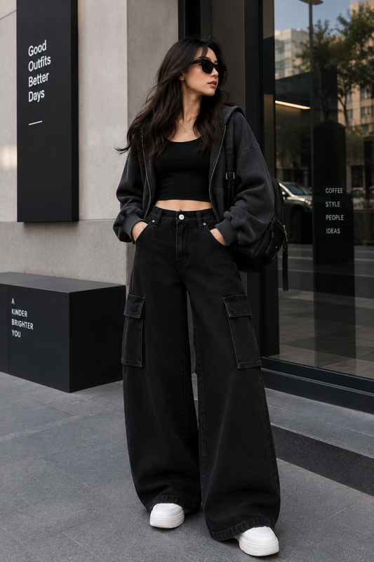 BLACK WIDE LEG CARGO JEANS