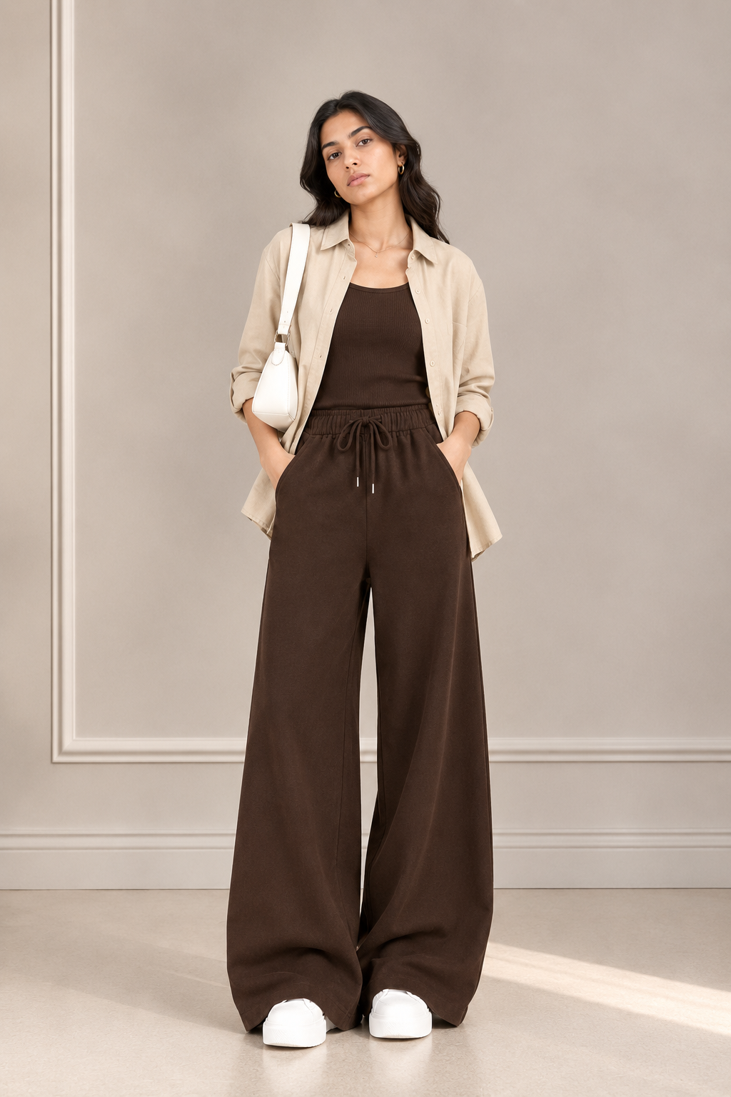 TRIO SET (BEIGE BUTTON DOWN SHIRT WITH BROWN INNER AND BROWN FLAPPER TROUSER)