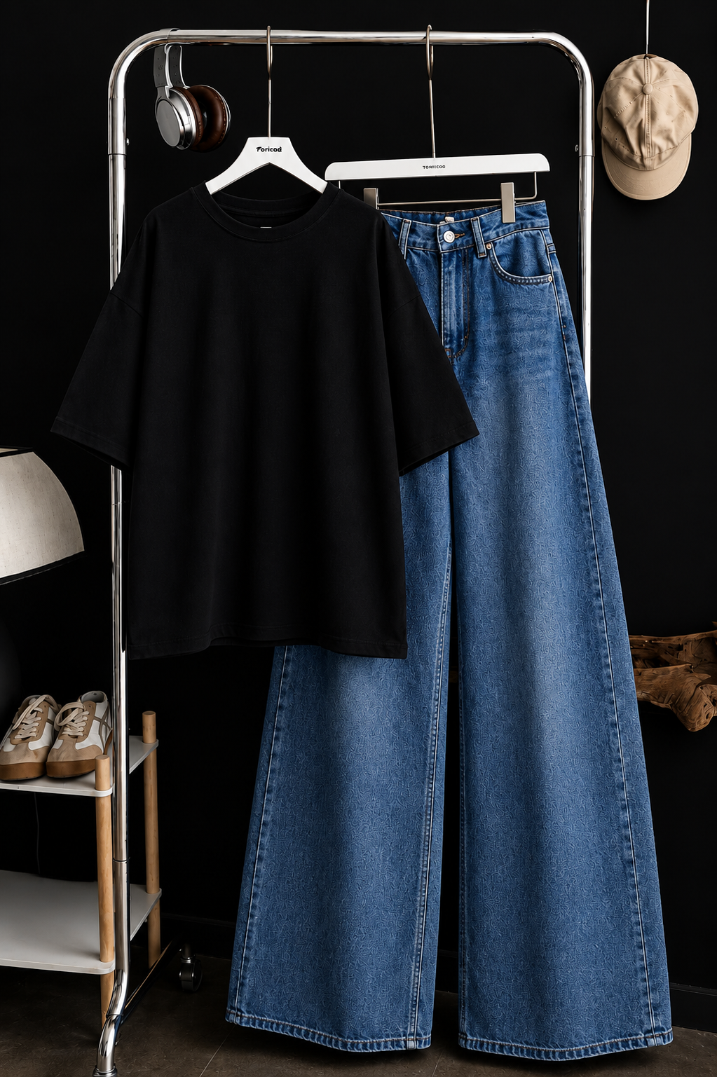 DUO SET (BLACK BAGGY TEE WITH MID BLUE FADED WIDE LEG JEANS)