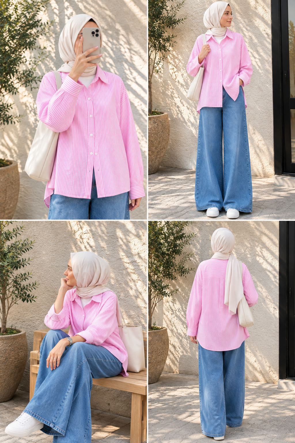 DUO SET (WHITE AND PINK STRIPES BUTTON DOWN SHIRT WITH MID BLUE WIDE LEG JEANS)