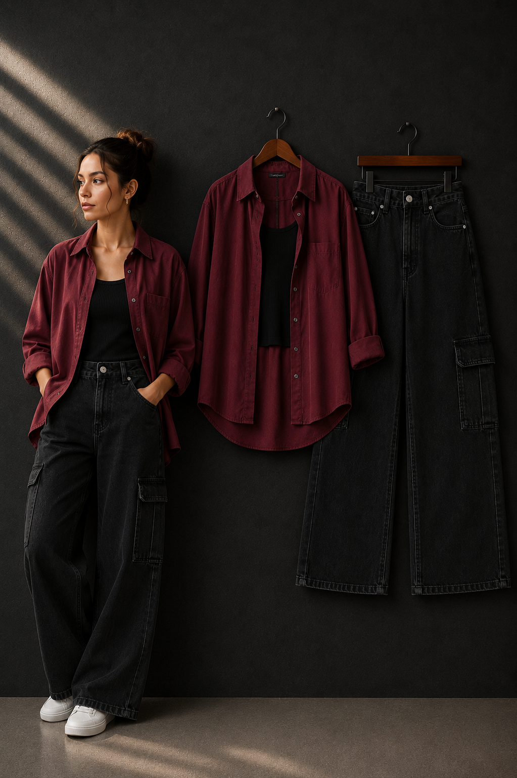 TRIO SET (MAROON BUTTON DOWN SHIRT WITH BLACK INNER AND JET BLACK WIDE LEG CARGO DENIM)
