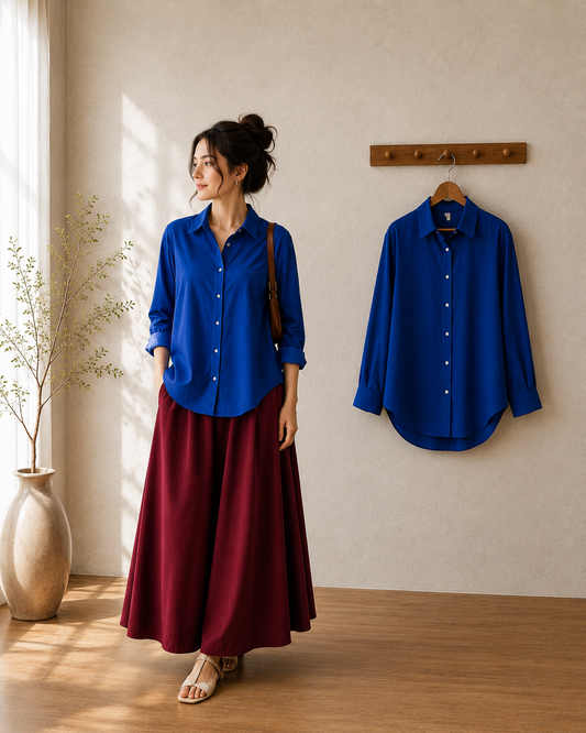 DUO SET (ROYAL BLUE BUTTON DOWN SHIRT WITH MAROON FLOWY MAXI SKIRT)