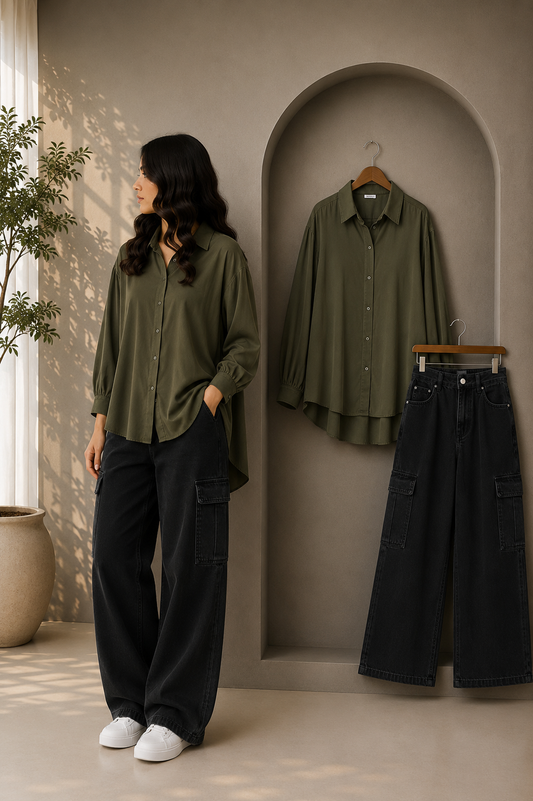 DUO SET (OLIVE GREEN BUTTON DOWN SHIRT WITH BLACK HIGH WAISTED CARGO DENIM JEANS)