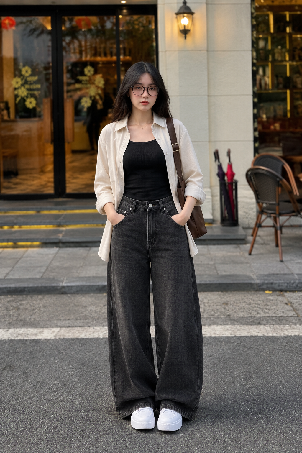 TRIO SET (BEIGE BUTTON DOWN SHIRT WITH BLACK INNER AND CHARCOAL GREY WIDE LEG JEANS)