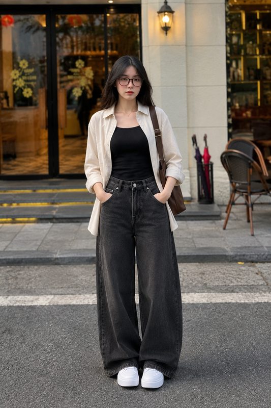 TRIO SET (BEIGE BUTTON DOWN SHIRT WITH BLACK INNER AND CHARCOAL GREY WIDE LEG JEANS)